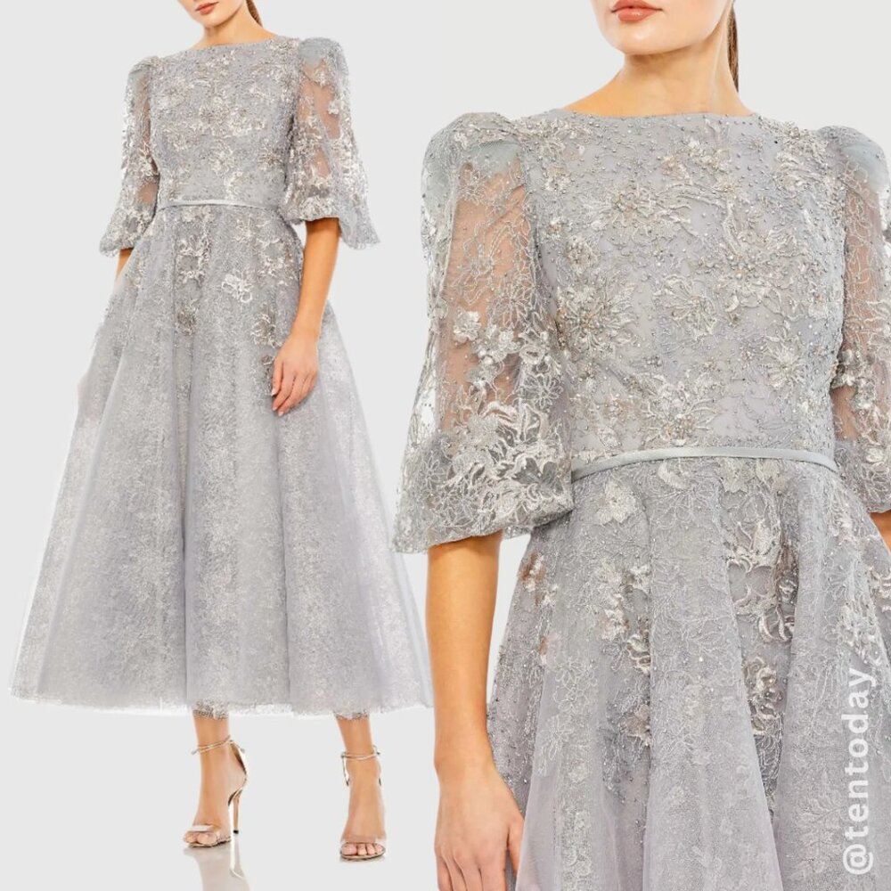 Mac Duggal Size 22 Silver Gray High Neck Puff Sleeve Floral‎ Midi Tea Dress Gown